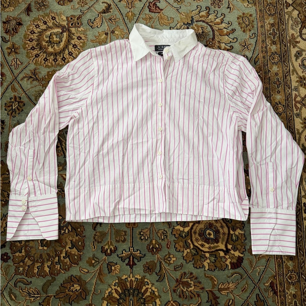 J. Crew Cropped Garçon Pink and White Striped Shirt